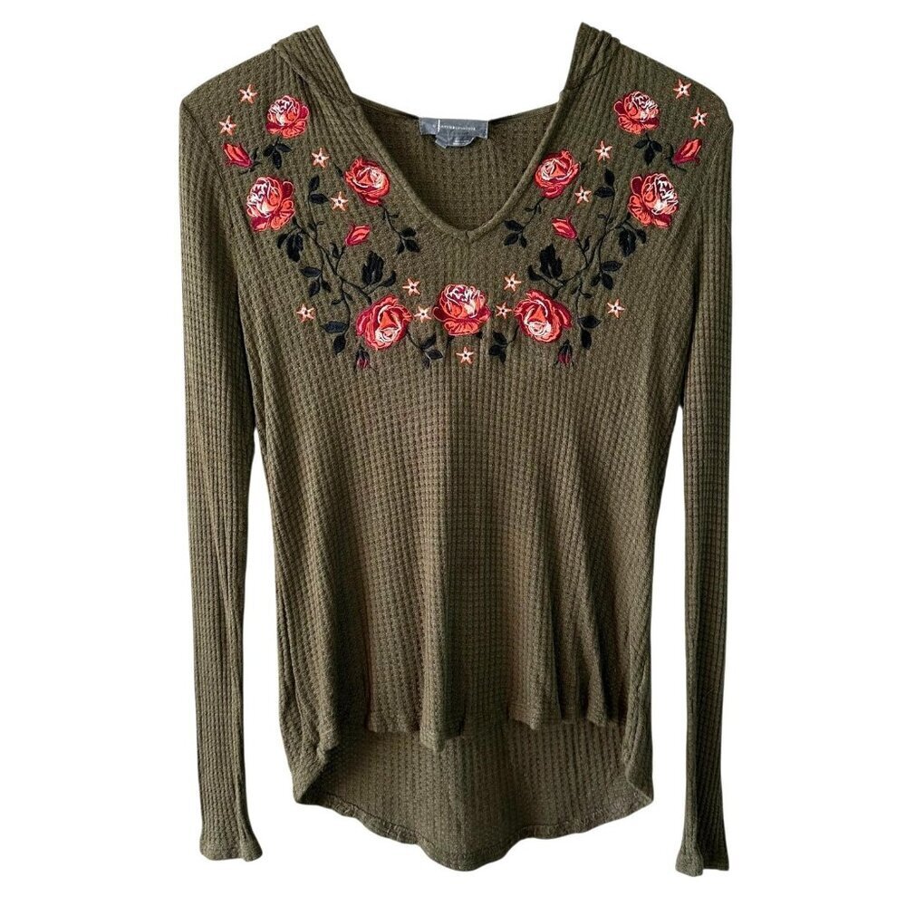 Anthropologie Olive Green Embroidered Floral Waffle Knit Hoodie Size Small - Picture 3 of 8